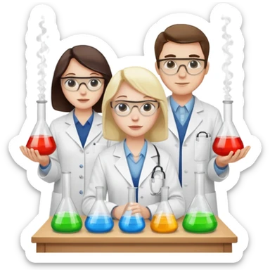 The team of three scientists is waist-deep, surrounded by chemical flasks and books sticker