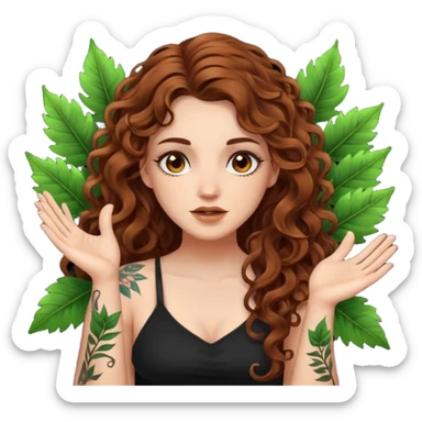 woman with long curly brown hair, brown eyes, white skin, tattoos, sarcastic slow clap made of glowing leaves sticker