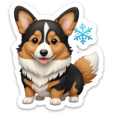 black tricolor corgi with no tail and a snowflake on it's nose sticker