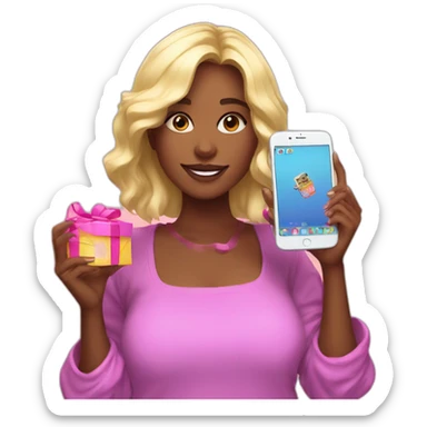 influencer taking a picture of herself holding a bright box in her arms sticker
