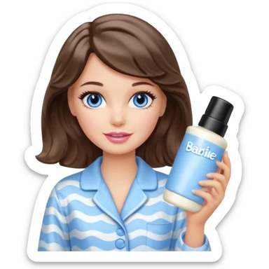 Barbie girl with makeup, blue eyes , and bob long haircut wavy, short brown hair in creamy color pajamas, face cream in hand sticker