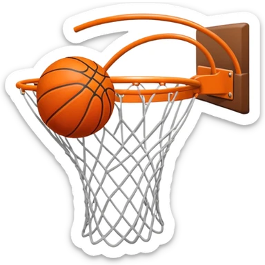 A close-up of a basketball shield and hoop with the ball swishing through the net, captured mid-air. The background emphasizes the tension and excitement of the moment, with the rim and net in sharp focus, showcasing the precision and skill of the sport. sticker
