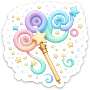 Cinematic cute magical wand, pastel swirls of color, tiny twinkling stars floating around, glowing softly, chubby rounded edges, whimsical and dreamy. sticker