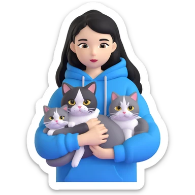Girl with black hair in gray hoodie with a British shorthair blue and white cat and a long-haired blue and white cat sticker