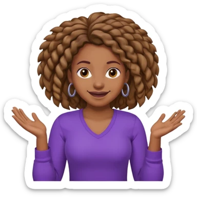black woman with locks shrugging-smiling with purple shirt sticker