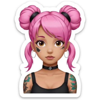 Tattooed girl with space buns and side bang pink hair  sticker