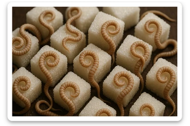 ZOLLETTE DI ZUCCHERO CON PARASSITI TIPO LA TENIA ARROTOLATE INTORNO AD OGNI ZOLLETTA, IPERREALISTICO 4K sticker