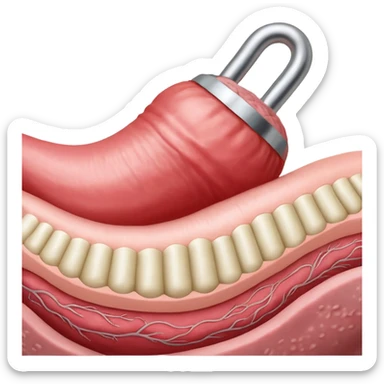 Un primer plano extremo, microscópico, de la unión sexual. Detalles anatómicos explícitos. Un pene erecto, con venas prominentes y la glande rosada, penetrando una vagina. Los labios mayores y menores de la vagina son visibles, estirados alrededor del eje del pene. sticker