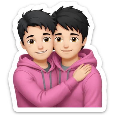generate a pretty bratz fair skinned boy with messy black hair in a grey hoodie. Hugging his girlfriend who is wearing pink. Make him muscled. Boy in grey hoodie, girl in pink sticker
