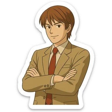 Light Yagami in Ghibli style, standing with arms crossed, confident expression, transparent background. sticker