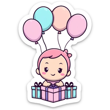 happy baby girl surrounded by pastel pink balloons and presents at birthday party sticker