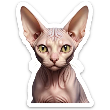 Cinematic Meme-Worthy Grumpy Sphynx Cat Portrait Emoji, Head held high but eyes filled with dramatic disappointment, hairless, wrinkled skin forming deep furrows of discontent, large ears positioned like tiny radar dishes of judgment, signature scowling mouth and narrowed eyes radiating pure disapproval, Simplified yet hilariously over-exaggerated features, highly detailed, glowing with an aura of supreme annoyance, high shine, exhausted yet judgmental, stylized with an almost regal pettiness, bright but brooding, soft glowing outline, capturing the essence of a feline that has seen it all and is thoroughly unimpressed, so meme-worthy it feels like it could instantly become the next viral sensation of grumpiness! sticker