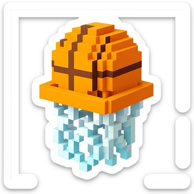 A voxel-style basketball in a net, colorful and vibrant sticker