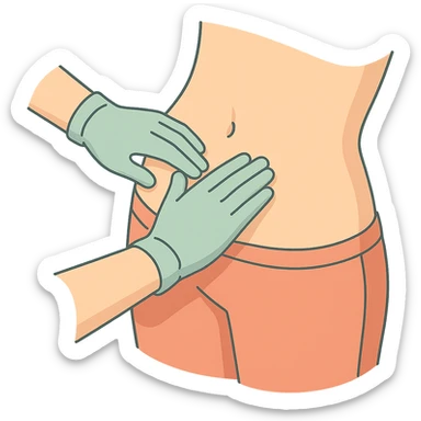 Close-up of a human abdomen with a doctor wearing gloves palpating it. Fingers gently pressing on the abdomen with pressure points highlighted by small dents. The person is wearing pants, side view, 2D isometric style, very detailed, soft rounded shapes, clean contours, pastel palette, refined shadows and highlights, modern illustration, transparent background. sticker