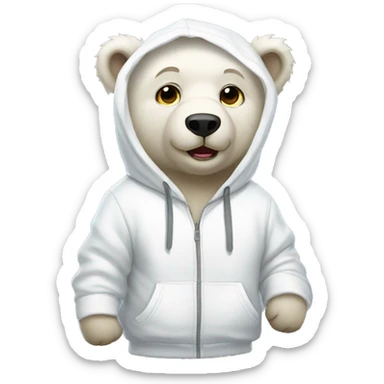 A white bear cub dressed in a white hoodie sticker