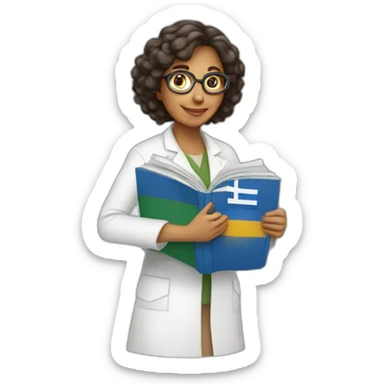 Woman scientist holding a Greek flag and a physics textbook sticker