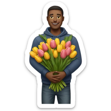 man holding a huge bouquet of tulips in his arms sticker