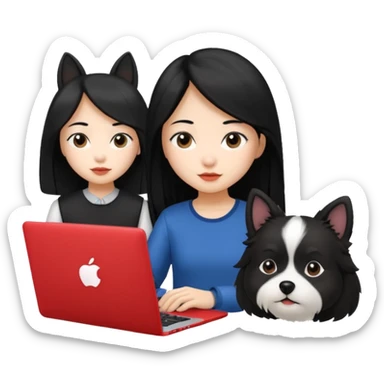 Asian girl with long black hair working on an Apple laptop, next to her is a small black and white dog with no collar on  sticker