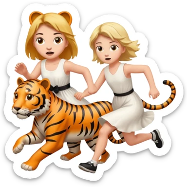 A girl runs away from a tiger sticker