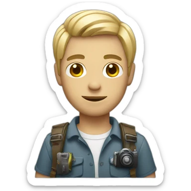 Guy with dirt blonde middle part holding a camera sticker