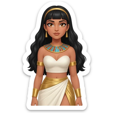 Cleopatra with hazel eyes, long black hair, ivory metallic sweetheart crop top, ivory metallic long asymmetrical skirts, gold necklace and earrings sticker