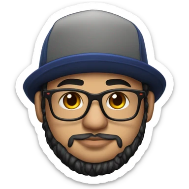 chubby venezuelan programmer with beard, glasses, CUBS hat, airpods with tattoos sticker
