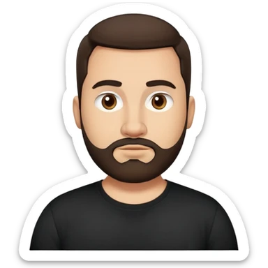 Fuller-figured man in his 30s with light brown skin, round face, full cheeks, medium dark brown eyes, thick eyebrows, wide nose, friendly expression, short full beard, short dark hair, wearing a black t-shirt sticker