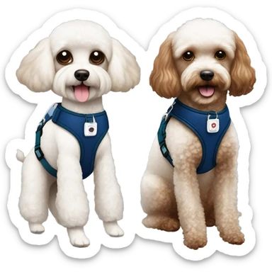 Brown toy poodle with teddy bear haircut wearing dark blue harness and all white Maltese wearing dark green harness sticker