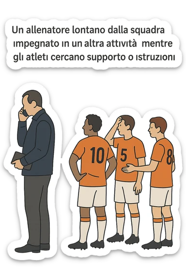 a coach is seen far away on the sidelines, partially turned away from the team or group, engaged in another activity (like reading, texting, or talking on the phone), while the athletes look toward them for support or instruction. The distance between coach and team is visually clear, symbolizing lack of presence. in italiano sticker