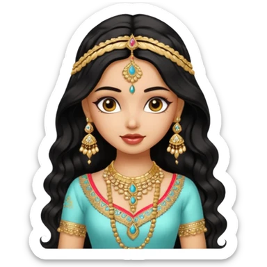 a pretty bratz fair indian girl wearing an indian wedding outfit,  golden jewellery, black wavy hair sticker