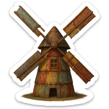Make the windmill look rusty and weathered, preserving the patchwork and playful look. Keep the transparent background intact. The style should reflect a weathered, rusty look while maintaining the patchwork and playful aesthetic. sticker