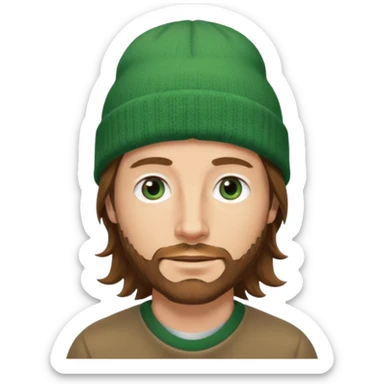 white man
aged 40
Blue eyes, 
mid length brown wavy hair
Green beanie hat
Stubble sticker