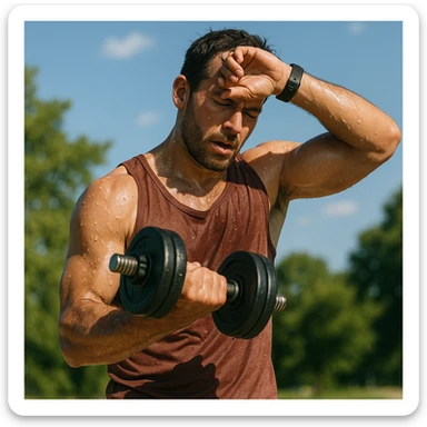 uomo fitness che si allena in estate, tutto sudato, con una mano fa un curl manubri mentre con l'altra mano si asciuga il sudore dalla fronte, espressione affaticata in volto sticker
