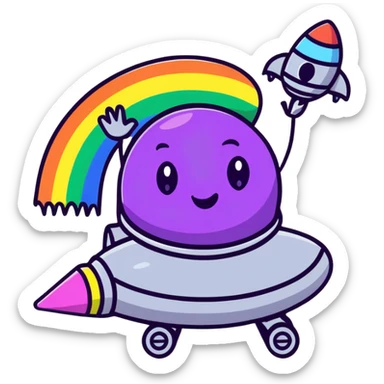 A cheerful rainbow crayon character waving while riding a silver UFO with glowing lights sticker