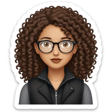 Mixed girl /curly long hair brown / with brown eyes glasses black vest  sticker