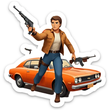 Icon for Action Movie: A vintage movie poster-style design featuring intense action scenes—explosions, gunfire, and dramatic stunts. Include a hero in a dynamic pose with weapons, a car chase, and a fiery background. Retro cinematic feel with bold typography. Transparent background. sticker