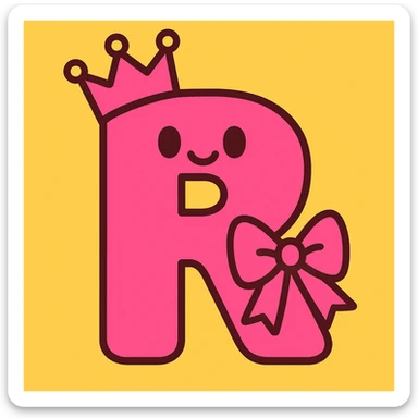 cartoonish pink letter R decorated with a pink crown and a bow sticker