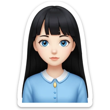 Uma mulher, pele branca, cabelos longos liso preto, franja estilo hime cute, olhos no tom azul celeste, estilo amendoados, cílios delicados longos, usando roupas elegantes sticker