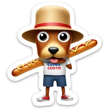 Costco hotdog mascot wearing a Costco bucket hat eating a smaller hotdog sticker