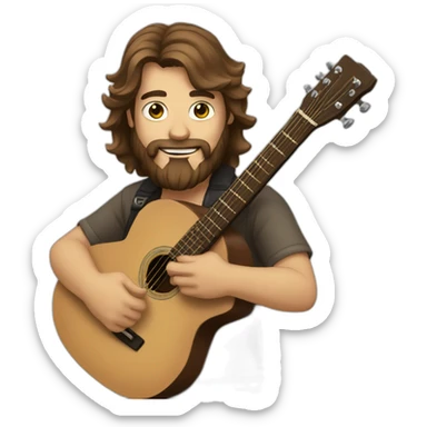man with beard and long brown hair and a guitar sticker