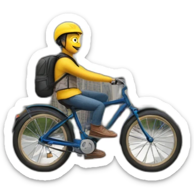 Person on a bicycle in front of the Empire State building with a big truck sticker