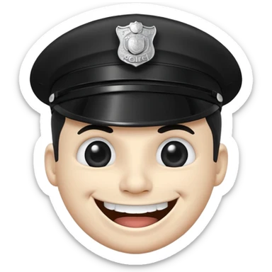 Black-and-white line drawing of a cartoon face with a round head, large round eyes, and a wide toothy grin showing a big happy smile. He is a police officer stopping you. Plain white background, simple and playful style. sticker