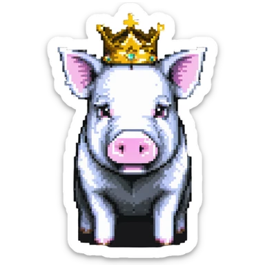 cute anime style pig with a golden crown, inspired by Technoblade, made out of Minecraft blocks, blocky and pixelated, expressive and charming sticker
