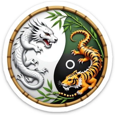 An icon symbolizing Eastern martial arts in the style of an emblem, featuring a black-and-white Yin-Yang symbol, a dragon, and a tiger. The dragon and tiger represent strength and agility, surrounding the symbol. Traditional elements like bamboo add to the design. Transparent background. sticker