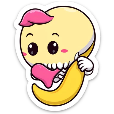 kissing emoji with a yellow bone in its mouth, bone has a pink tip sticker