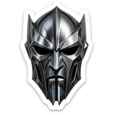 sharp angular metallic silver mask with chrome shine inspired by gladiator helmets, high forehead, deep eye cutouts, long vertical nose bridge splitting into two bars below mouth, symmetrical intimidating futuristic villain or antihero appearance sticker
