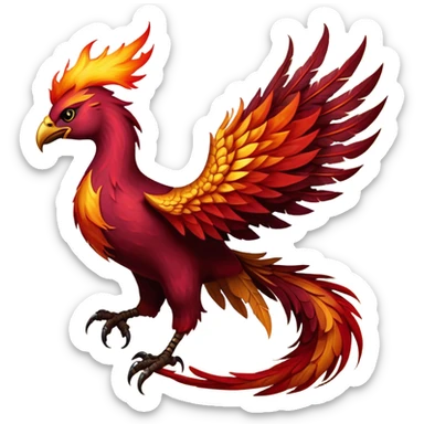 Cinematic Noble Battle-Hardened Mystical Fire Phoenix Portrait Emoji, with scorched, battle-scarred plumage in deep crimson, burnt gold, and smoldering ember hues. Its piercing eyes, hardened by countless conflicts, blaze with unyielding resolve and ancient wisdom. The elongated tail feathers bear vivid marks of fiery combat, rendered with lifelike texture and dynamic highlights, high shine, exuding an aura of mythic martial valor, focused and commanding, with a soft glowing outline that captures a phoenix forged in the fires of war. sticker