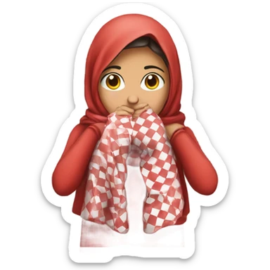 Girl wearing red and white checkered keffiyeh covering mouth hands covering face  sticker