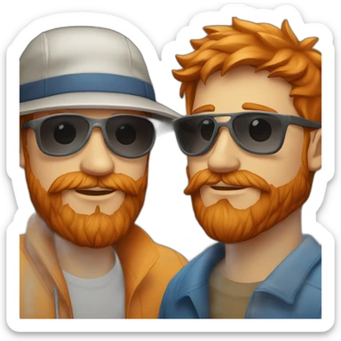 red haired man with beard wearing bucket hat and sunglasseshugging another person sticker