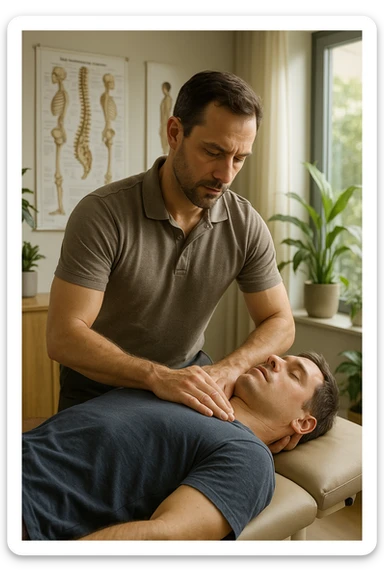 A realistic, cinematic illustration of a professional osteopath in his late 30s, wearing a fitted polo shirt in a neutral color, performing gentle manual manipulations on a patient to improve posture. The osteopath uses precise hand placement along the patient's upper back and cervical spine while the patient lies on a comfortable treatment table in a bright, modern clinic. Anatomical posters showing the spine and posture alignment are on the wall, and the room has warm, natural lighting with plants for a calming atmosphere. The scene emphasizes hands-on osteopathic care to restore body alignment, spinal mobility, and posture, showcasing trust, professionalism, and holistic care sticker